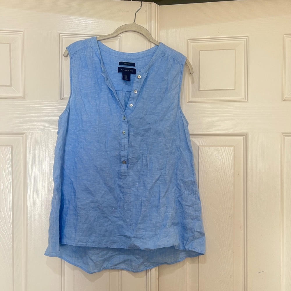 Tahari  Power Blue Linen Sleeveless Shirt Top Blouse Beach Coastal resort sz M - Picture 2 of 11